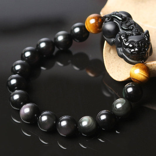 Mythstone FengShui PiXiu Rainbow Obsidian Tiger Eye Wealth Bracelet