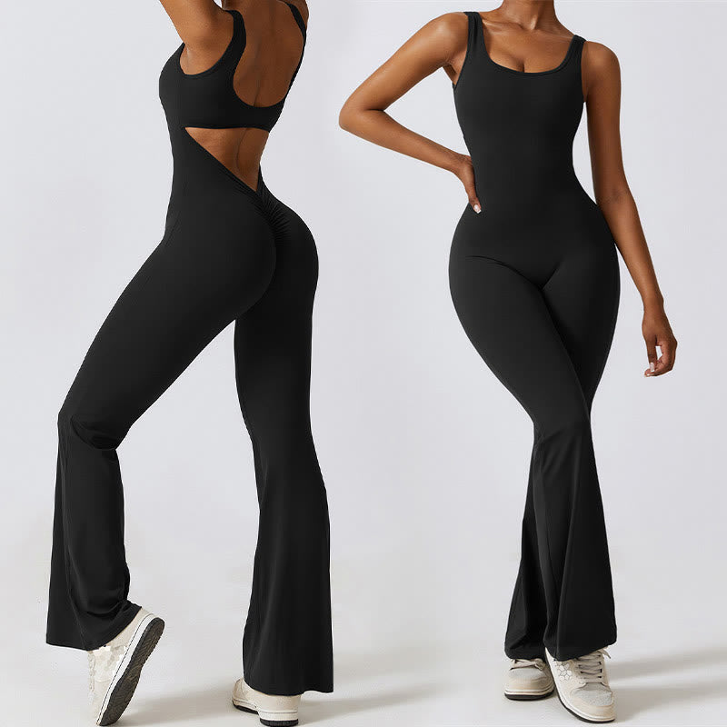 Mythstone Women Workout Sleeveless Jumpsuit Flare Pants Sports Fitness Yoga Bodysuit