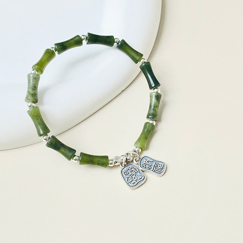 Mythstone 925 Sterling Silver Bamboo Jade Lucky Cat Fu Character Luck Abundance Bracelet