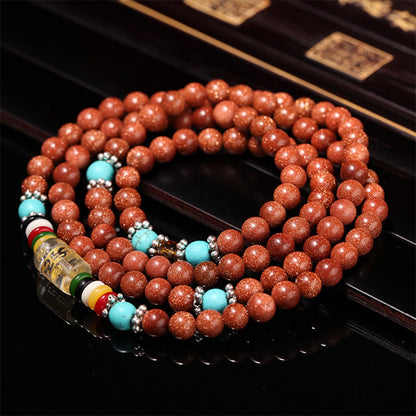 Mythstone 108 Mala Beads Goldstone Om Mani Padme Hum Swastika Confidence Bracelet