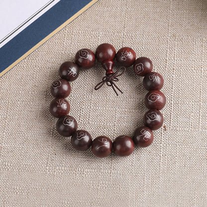 Mythstone 925 Sterling Silver Inlaid Small Leaf Red Sandalwood Om Mani Padme Hum Character Auspicious Clouds Protection Bracelet