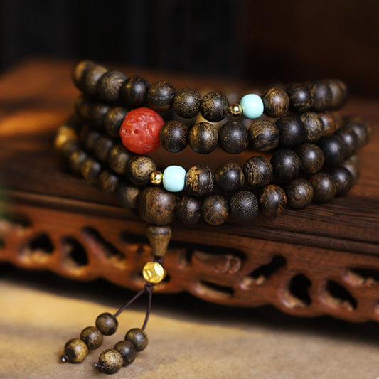 Mythstone 108 Mala Beads Agarwood Red Agate Turquoise Peace Meditation Bracelet