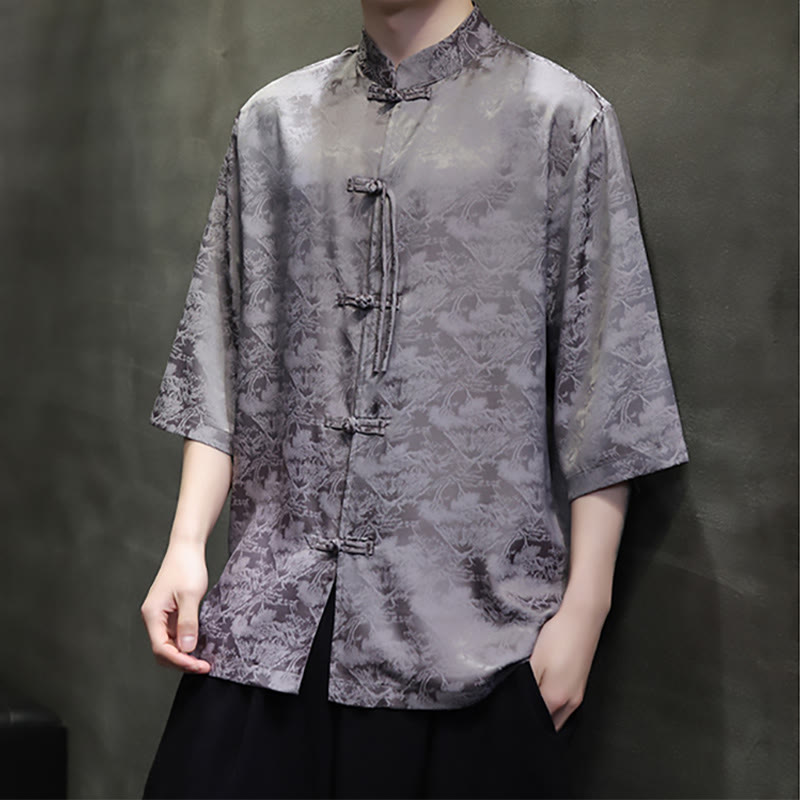 Mythstone Simple Jacquard Frog-button Chinese Three Quarter Sleeve Shirt Men T-shirt