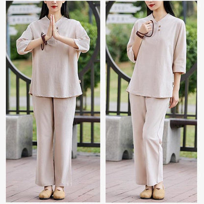 Mythstone 2Pcs Shirt Top Pants Meditation Zen Tai Chi Cotton Linen Clothing Women's Set