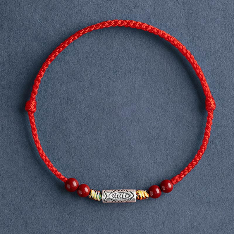 Mythstone 925 Sterling Silver Koi Fish Cinnabar Bead Wealth Handcrafted Braided Bracelet Anklet