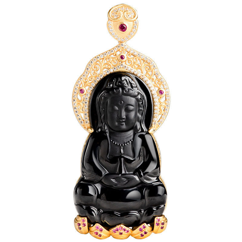 Colgante de plata de ley 925 con jade negro natural y símbolo de la riqueza de Kwan Yin Avalokitesvara