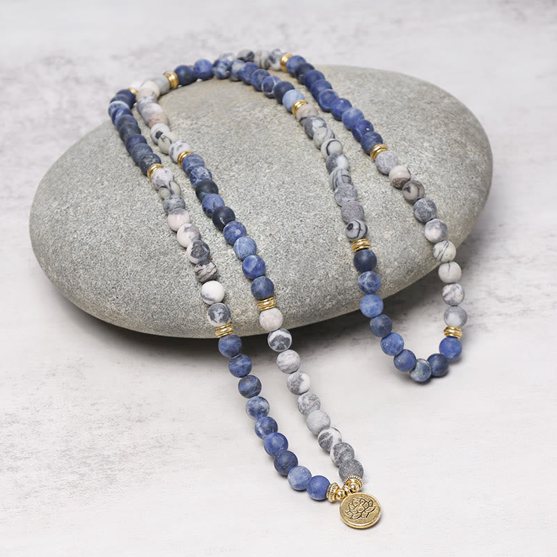 MythStone 108 Natural Picasso Jasper & Blue Stone Mala Bead Lotus Pendant Bracelet