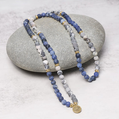 MythStone 108 Natural Picasso Jasper & Blue Stone Mala Bead Lotus Pendant Bracelet