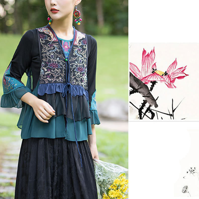 Mythstone Embroidery Flowers Bird Vine Design Cotton Linen Sleeveless Vest