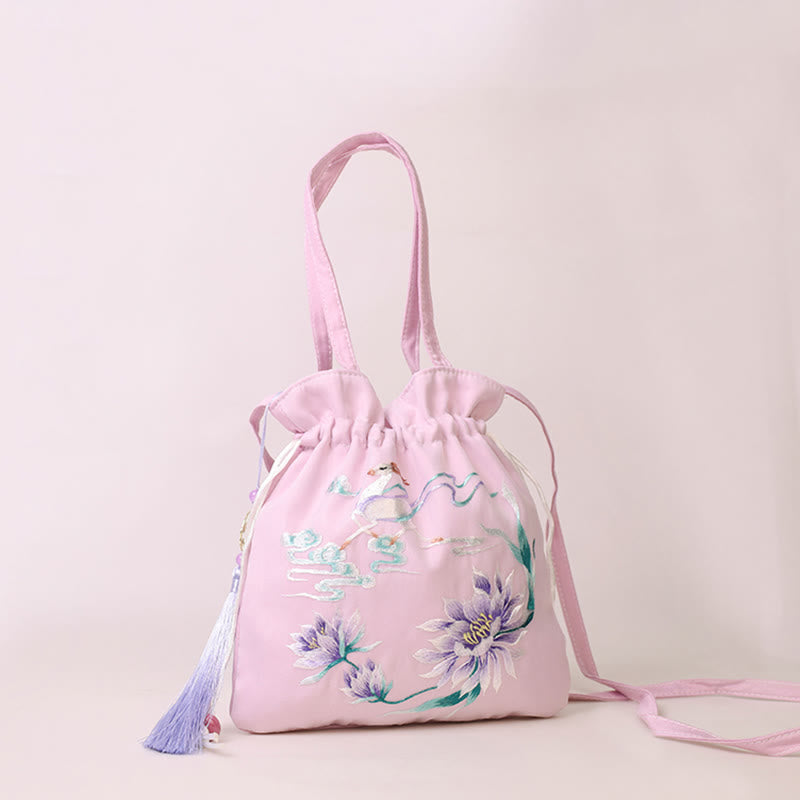 Mythstone Suzhou Embroidery Lotus Deer Epiphyllum Peony Rabbit Cotton Linen Tote Crossbody Bag Shoulder Bag Handbag