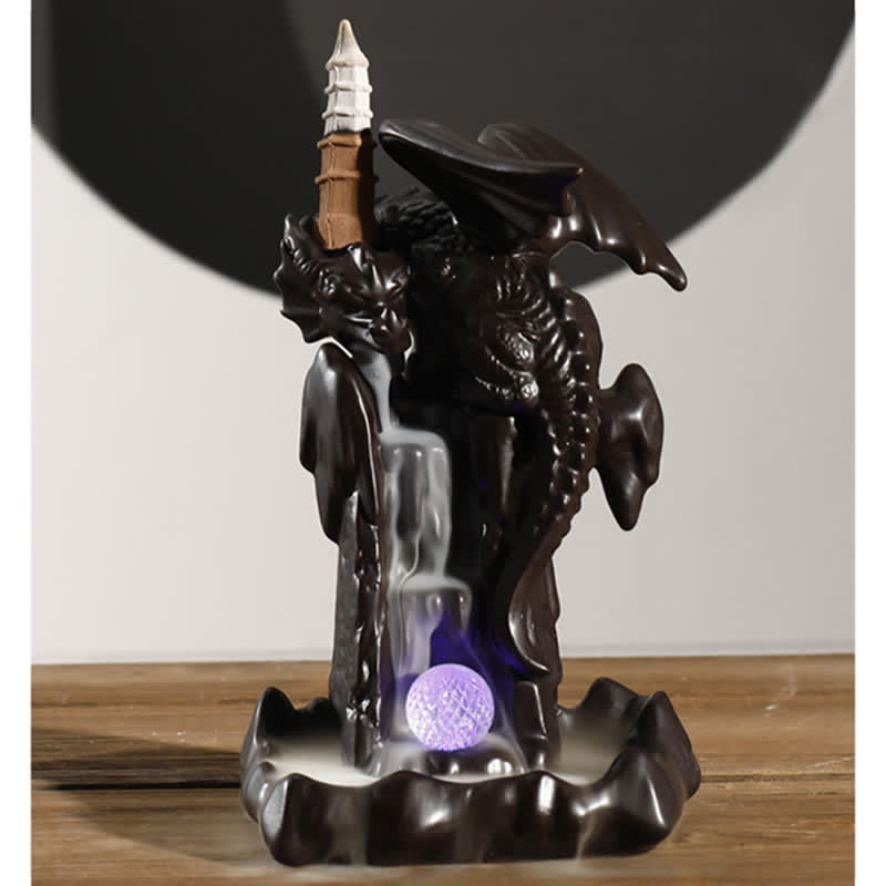 Mythstone Nordic Dragon Ceramic Backflow Smoke Fountain Meditation Healing Incense Burner Led Ball Decoration