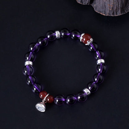 Mythstone 925 Sterling Silver Natural Amethyst Red Agate Lotus Positive Bracelet