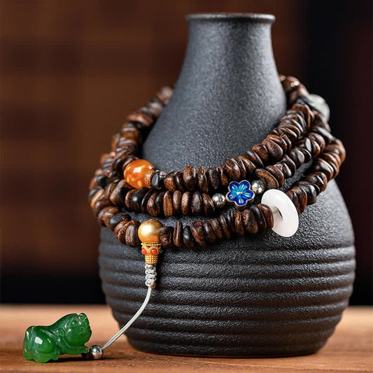 Mythstone 108 Mala Beads 925 Sterling Silver Brunei Agarwood Red Agate PiXiu Hetian Jade Peace Strength Bracelet