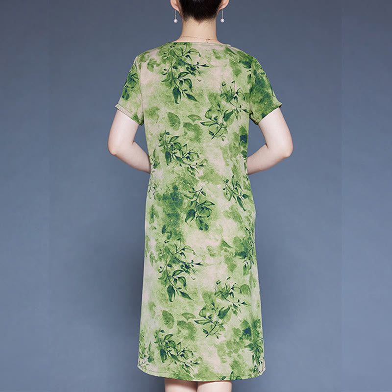 Mythstone V-Neck Green Leaves Flowers Pattern Short Sleeve Midi Dress With Pockets