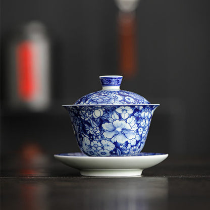 Mythstone Vintage Blue And White Porcelain Ceramic Gaiwan Sancai Teacup Kung Fu Tea Cup And Saucer With Lid