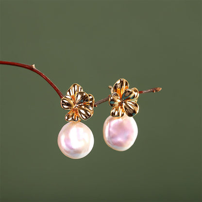 Mythstone 925 Sterling Silver Natural Baroque Pearl Flower Healing Drop Earrings