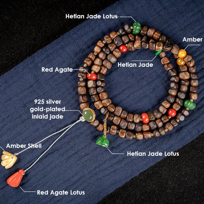 Mythstone 108 Mala Beads 925 Sterling Silver Brunei Agarwood Red Agate PiXiu Hetian Jade Peace Strength Bracelet