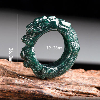 Mythstone Natural Cyan Jade Dragon Carved Success Ring