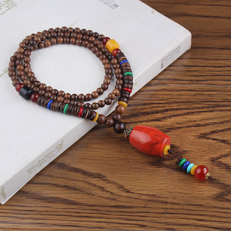 Mythstone Tibetan Wenge Wood Bodhi Seed Agate Balance Peace Necklace Pendant