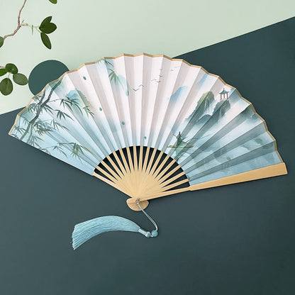 Mythstone Retro Lotus Flower Leaf Mountain Lake Handheld Folding Fan With Bamboo Frames