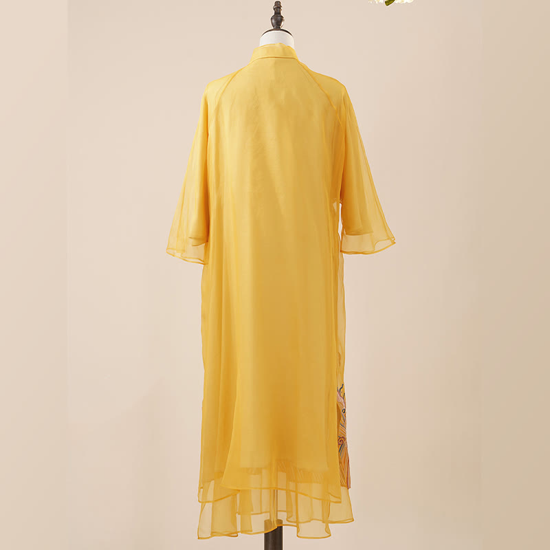 Mythstones 100% Mulberry Silk Organza Dress Embroidered Yellow Phoenix Qipao Cheongsam Dress