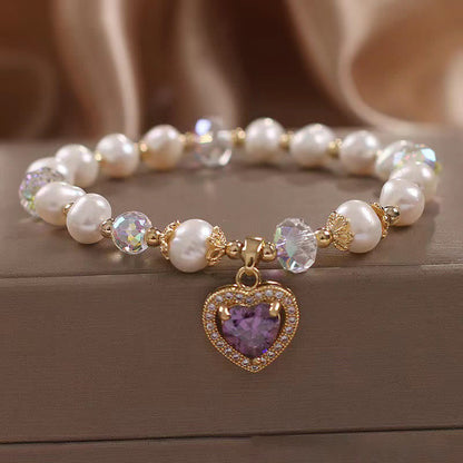 Mythstone Natural Pearl Amethyst Love Heart Healing Charm Bracelet