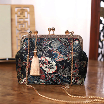 Mythstone Vintage Flower Butterfly Crane Sea Waves Metal Chain Crossbody Bag Shoulder Bag Handbag