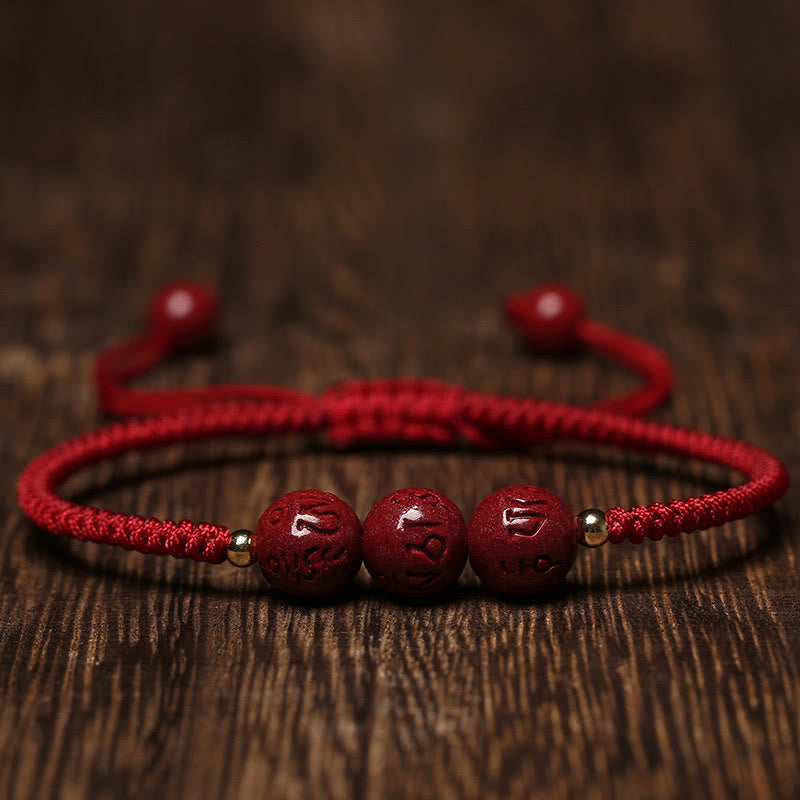 Mythstone Handmade Cinnabar Om Mani Padme Hum Engraved Beads Blessing Braided Bracelet