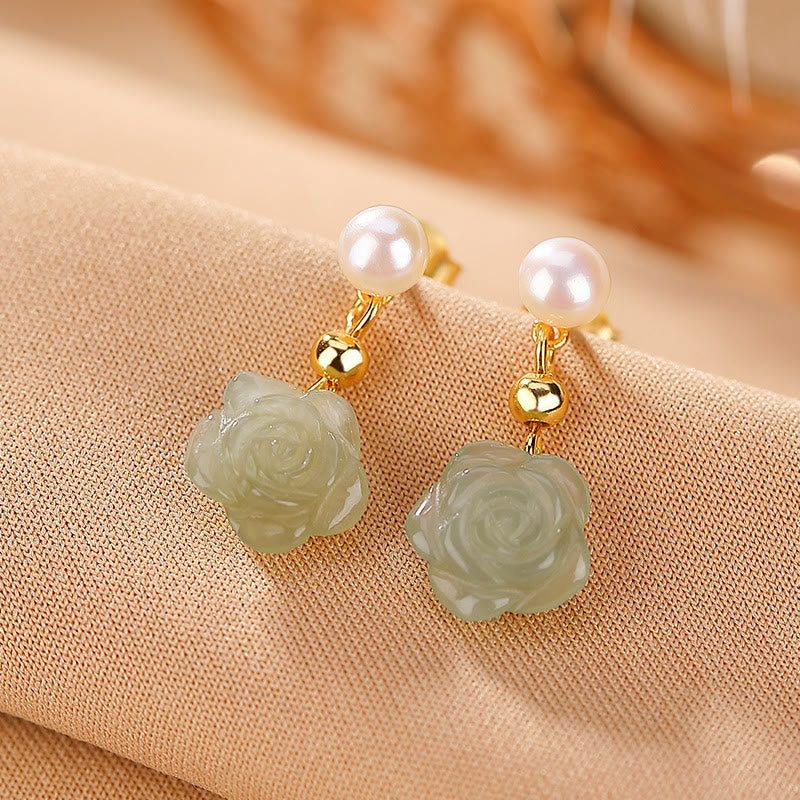 Mythstone 925 Sterling Silver Plated Gold Jade Rose Flower Cyan Jade Pearl Luck Earrings