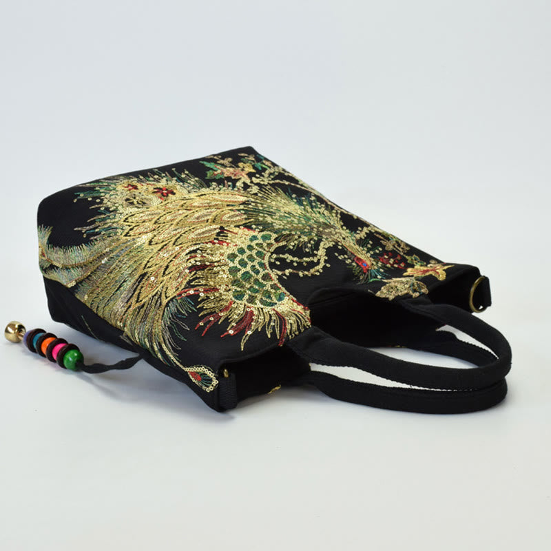 Mythstone Peacock Double-sided Embroidery Tote Bag Shoulder Bag Crossbody Bag