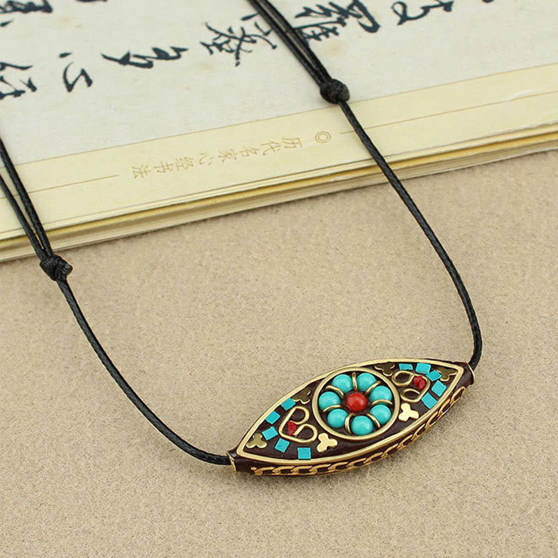 Mythstone Tibet Turquoise Bead Marquise Pattern Protection Strength Necklace Pendant