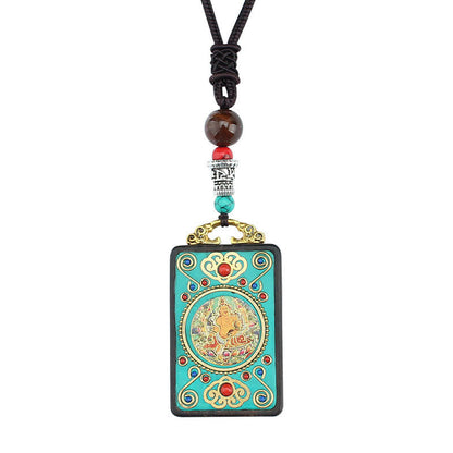 Mythstone Tibet God Of Wealth Money Tree Golden Phoenix Thangka Ebony Peace Necklace Pendant