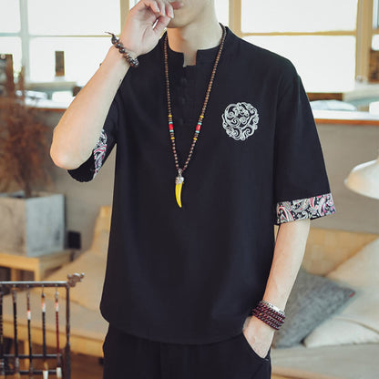 Mythstone Frog-Button Dragon Embroidery Chinese Tang Suit Short Sleeve Shirt Linen Men Clothing