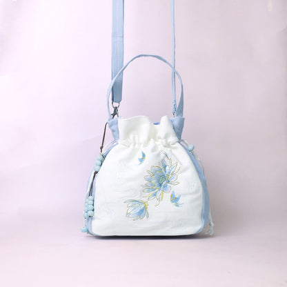 Mythstone Embroidered Butterfly Lotus Magnolia Cotton Linen Tote Crossbody Bag Shoulder Bag Handbag