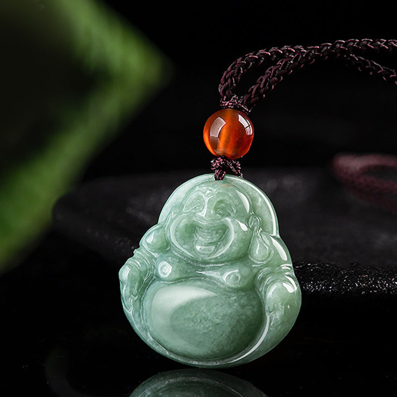 Mythstone Laughing Buddha Cyan Jade Success Necklace String Pendant