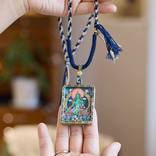 Mythstone Tibetan Green Tara Hand-Painted Thangka Buddha Protection Necklace Pendant