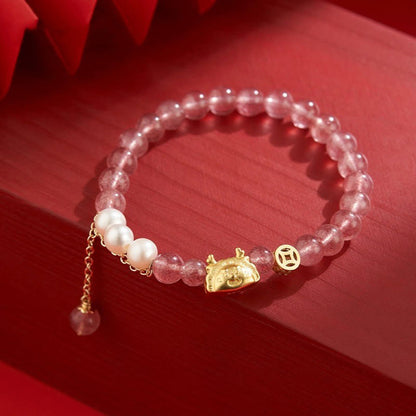 Mythstone Year of the Dragon Dumpling Natural Red Agate Garnet Hetian Jade Fu Character Luck Success Bracelet