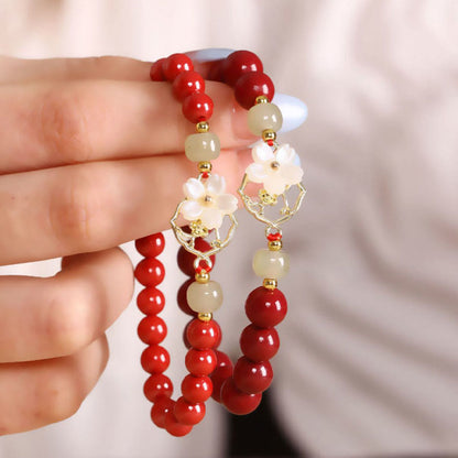 MythStone Natural Cinnabar Jade Beaded Tridacna Stone Flower Blessing Bracelet