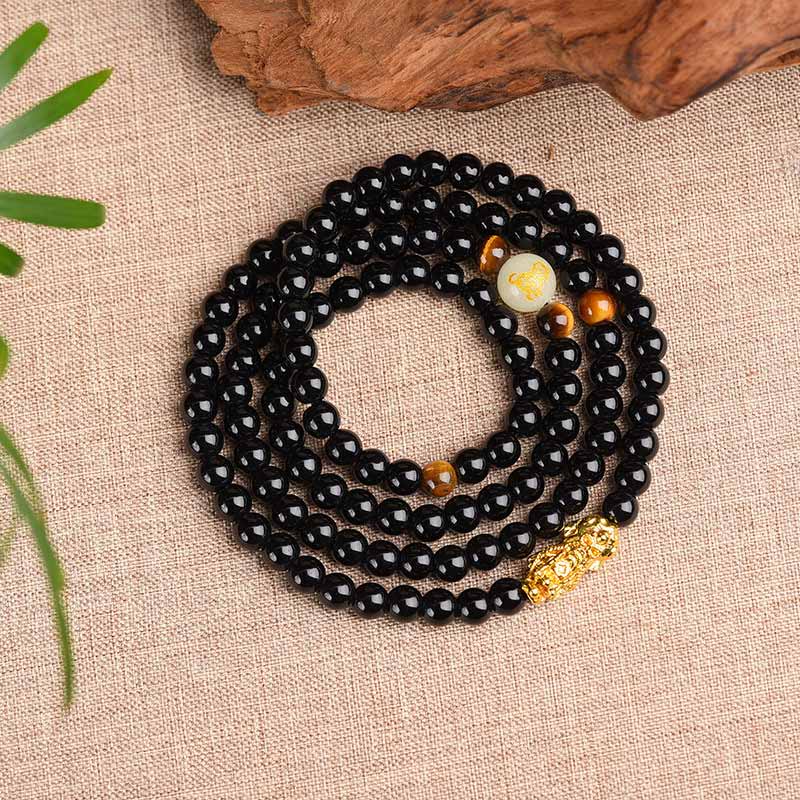 Mythstone Chinese Zodiac Obsidian PiXiu Protection Mala Bracelet