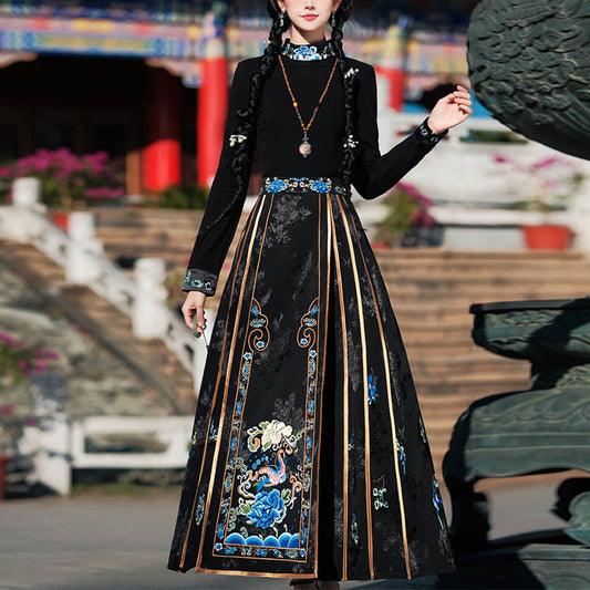 Mythstone Long Sleeve T-Shirt Top Tee Chinese Hanfu Embroidery Colorful Peony Flowers Horse Face Skirt Mamianqun