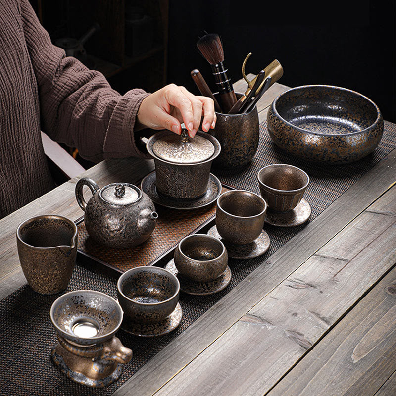 Mythstone Retro Rust Glaze Ceramic Gaiwan Sancai Teacup Kung Fu Tea Cup And Saucer With Lid