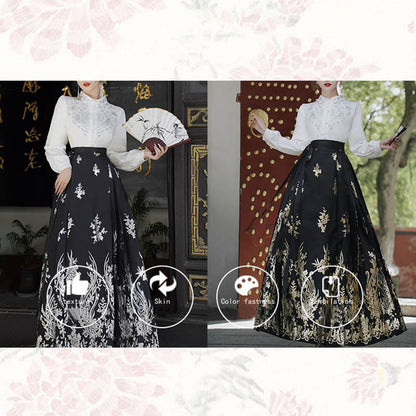 Mythstone Flowers Leaves Feathers Long Sleeve Shirt Top Chinese Hanfu Ming Dynasty Horse Face Skirt Mamianqun Skirt