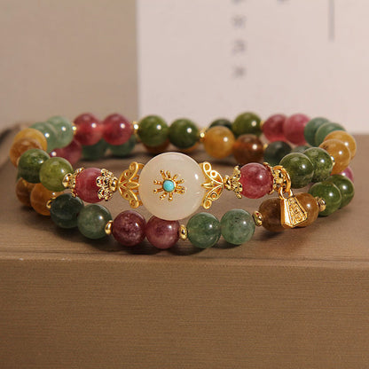 Mythstone Natural Multicolored Tourmaline Positive Jade Flower Double Wrap Bracelet