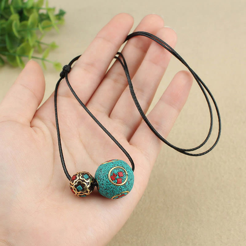 Mythstone Tibetan Turquoise Double Bead Protection Strength Necklace Pendant