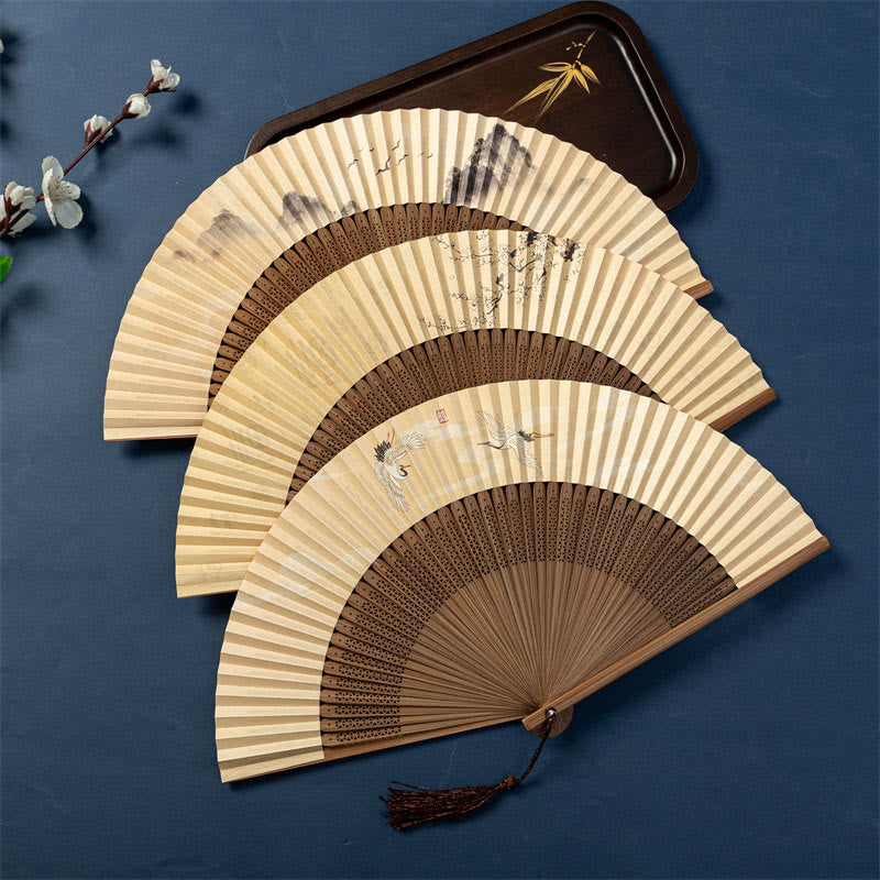 Mythstone Lotus Dragonfly Wild Geese Plum Blossom Handheld Silk Bamboo Folding Fan 22.5cm