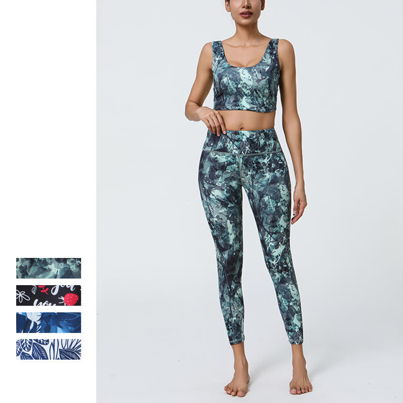 Mythstone 2Pcs Pineapple Grass Leaves Print Sports Fitness Crop Tank Bra High Waist Leggings Yoga Pants