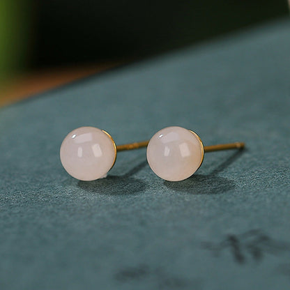 Mythstone 925 Sterling Silver Round White Jade Blessing Stud Earrings