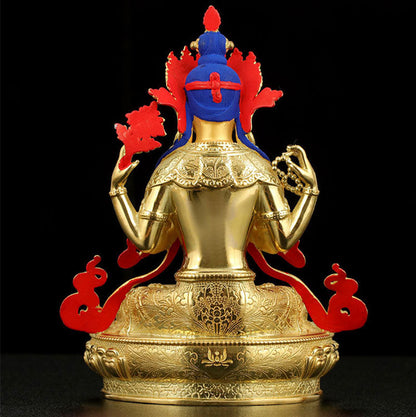 Mythstone Chenrezig Four-armed Avalokitesvara Protection Copper Gold Plated Statue Decoration