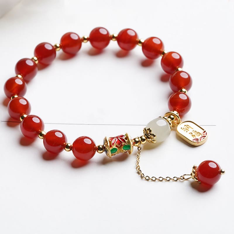 Mythstone Natural Red Agate Hetian Jade Fu Character Confidence Charm Bracelet