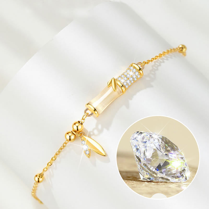 Mythstone 925 Sterling Silver 18K Gold Plated White Jade Bamboo Zircon Leaf Luck Bracelet